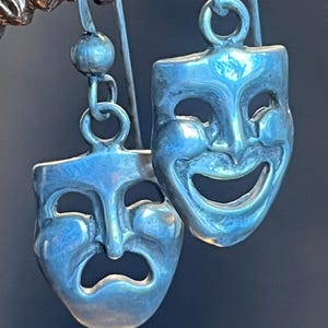 Vintage sterlingzilveren komedie tragedie maskeroorbellen | Theaterdramamasker bungelt