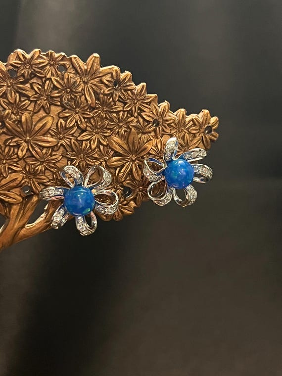 Sterling Silver Opal Flower Stud Earrings | Lab Created Opal