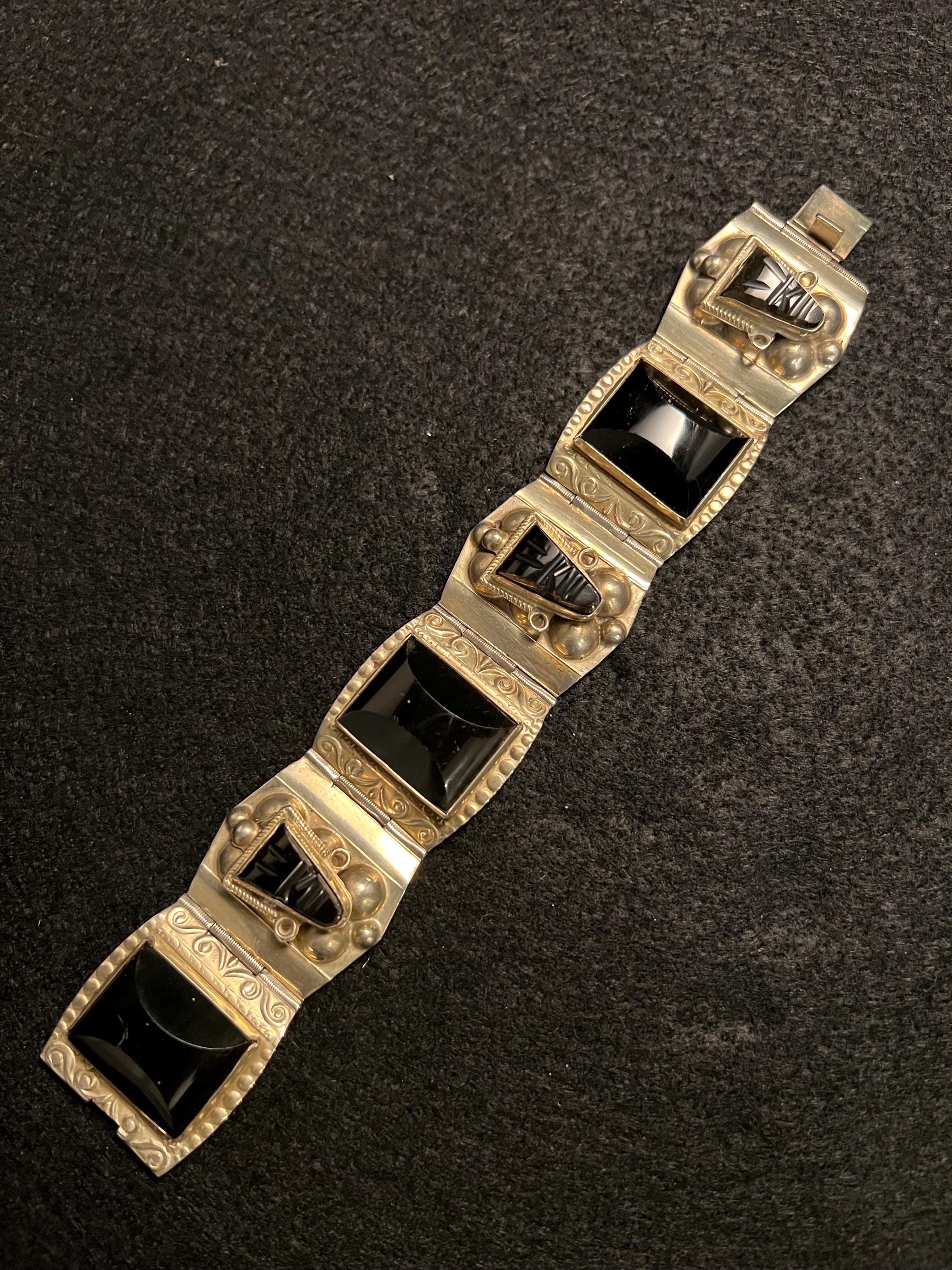Vintage Mexican Silver Onyx Panel Bracelet | Mid-century Taxco