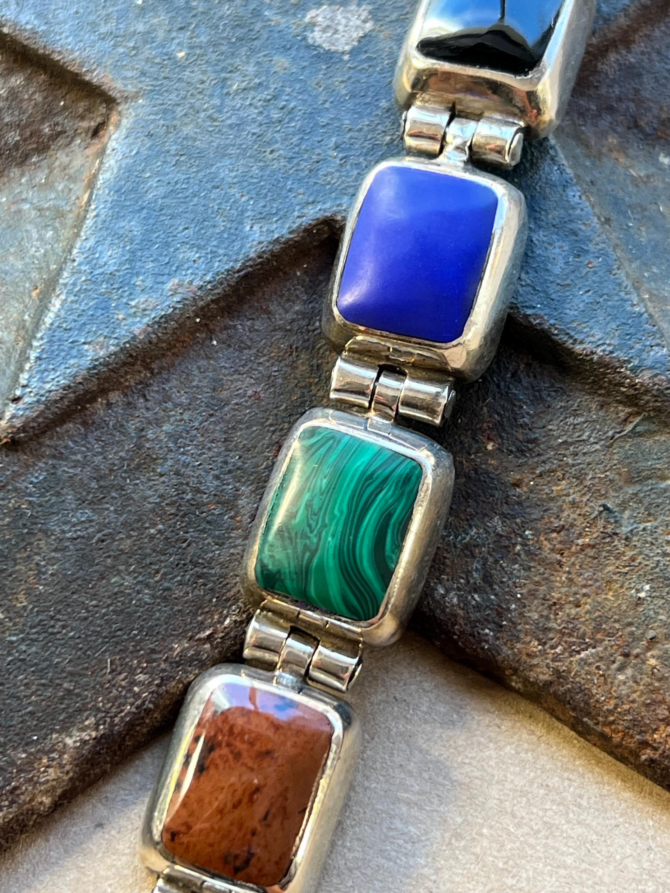 Sterling Silver Mexican Multi-stone Panel Bracelet – 8” – 50.1g