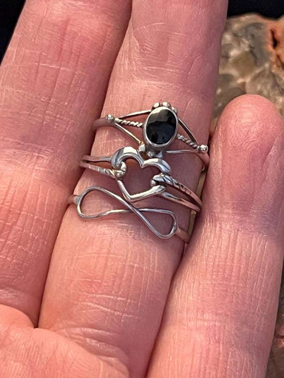 Sterling Silver Stackable Rings Set 3pc Infinity Heart Onyx Rings