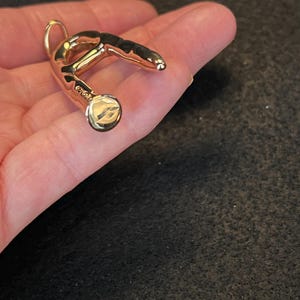 Puede incluir: Un colgante dorado con un dise&ntilde;o curvo y abstracto. El colgante tiene un lazo en la parte superior para una cadena y un detalle circular en la parte inferior. La superficie es lisa y reflectante, con un peque&ntilde;o detalle grabado.