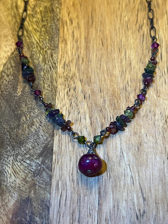 Oxidized Sterling Silver Ruby Jade Necklace, Tour… - image 2