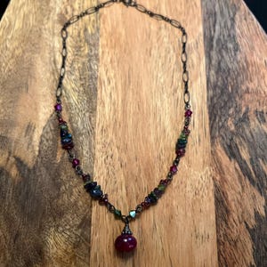 Oxidized Sterling Silver Ruby Jade Necklace, Tourmaline Chip Bead Chain