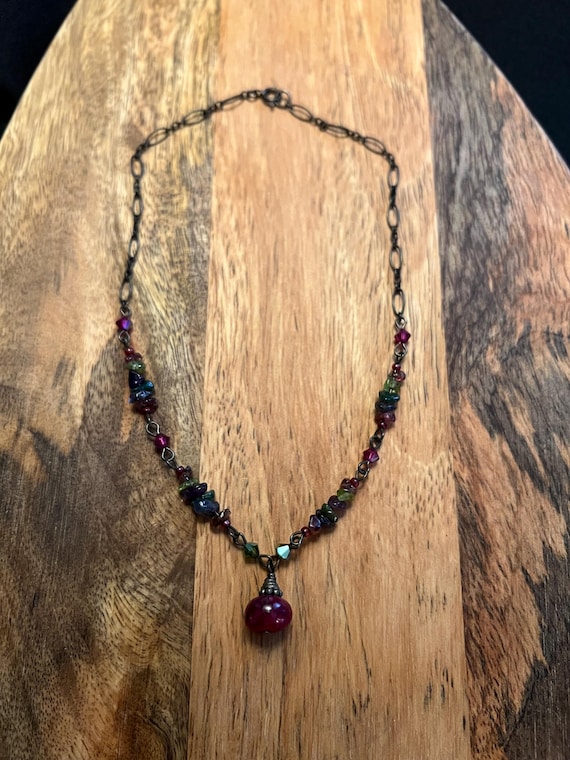 Oxidized Sterling Silver Ruby Jade Necklace, Tour… - image 1