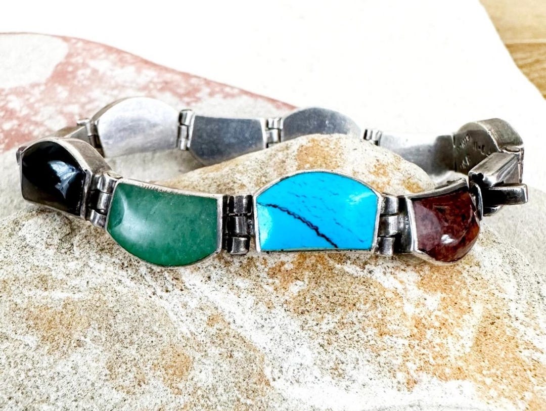 Vintage Taxco Mexico Sterling Silver 950 Multi-stone Inlay Link