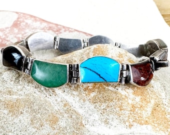 Vintage Taxco Mexico Sterling Silver 950 Multi-stone Inlay Link