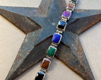 Sterling Silver Mexican Multi-stone Panel Bracelet – 8” – 50.1g