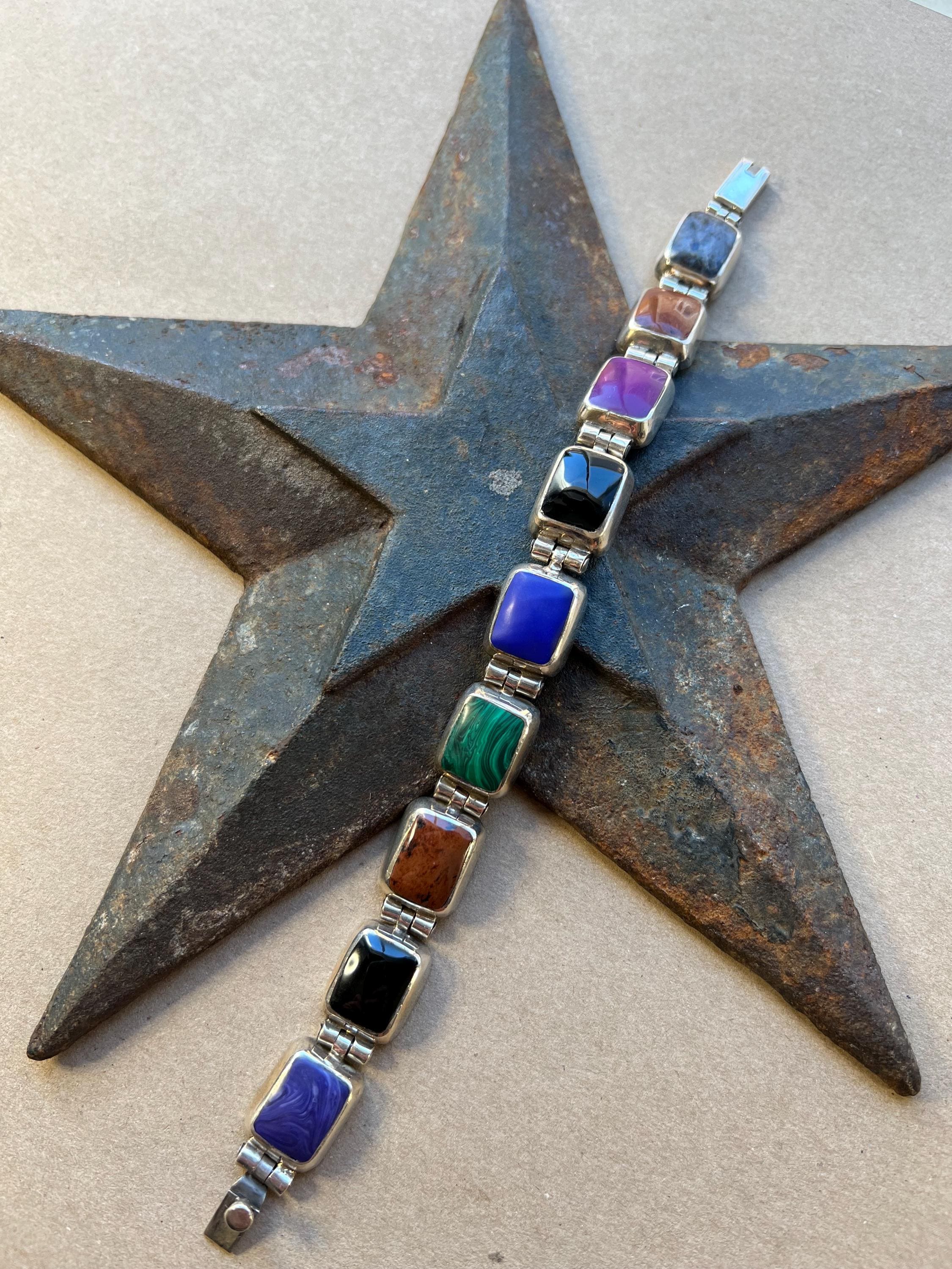 マルチカラーストーンブレスレット　silver925 メキシコ製 Sterling Silver Mexican Multi-stone Panel Bracelet – 8” – 50.1g