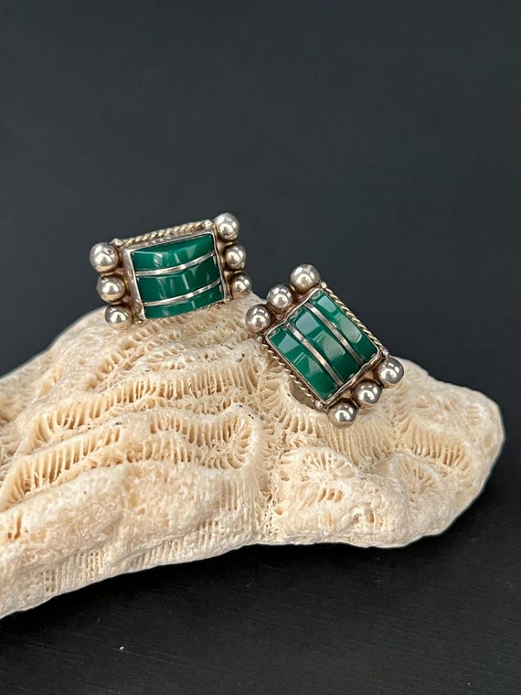 Vintage Sterling Silver Screwback Earrings – Green Onyx / Marked Sterling La Plata – 6.75g