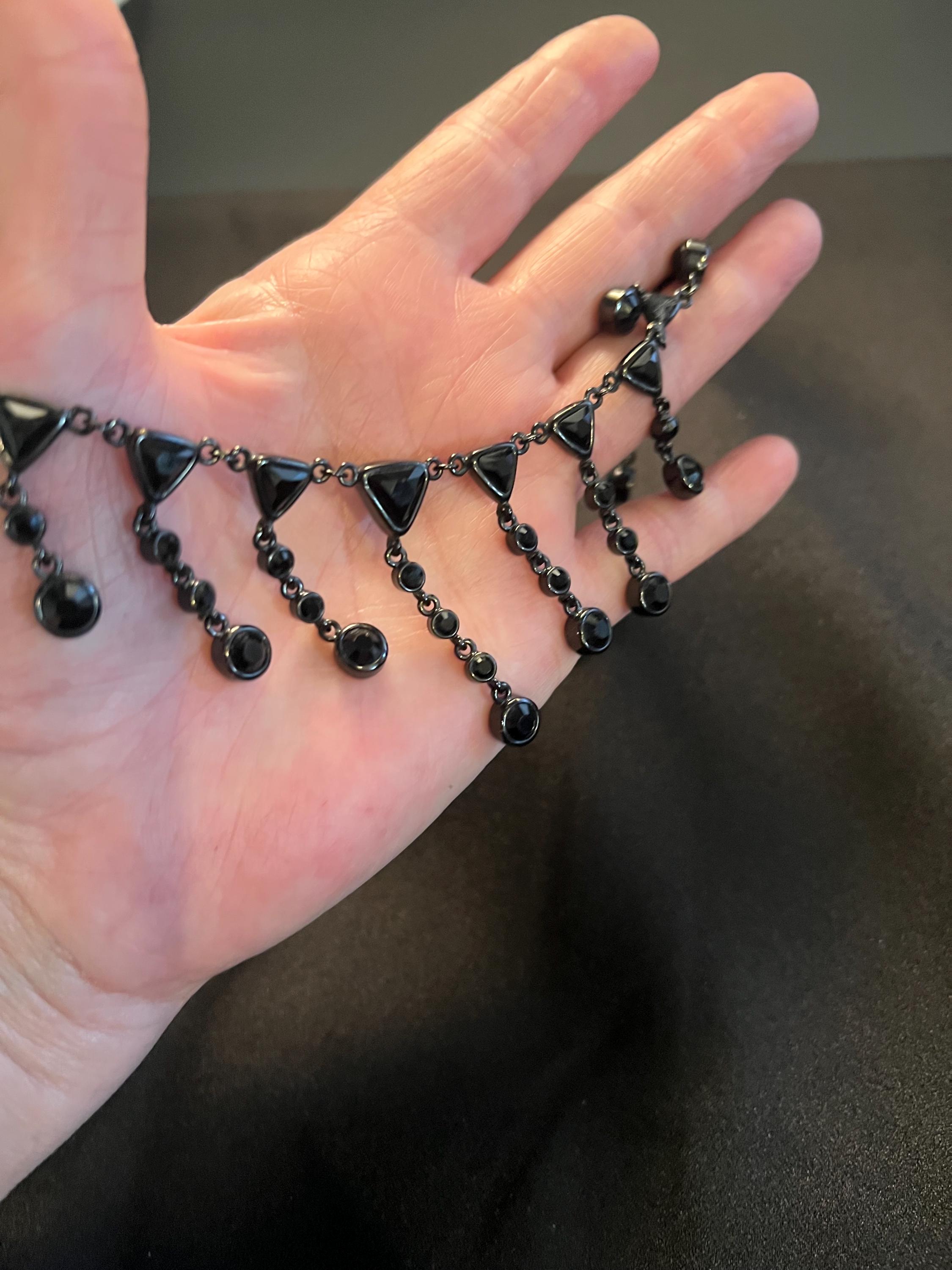 Signed Monet Black Rhinestone Fringe Necklace | Mid-century