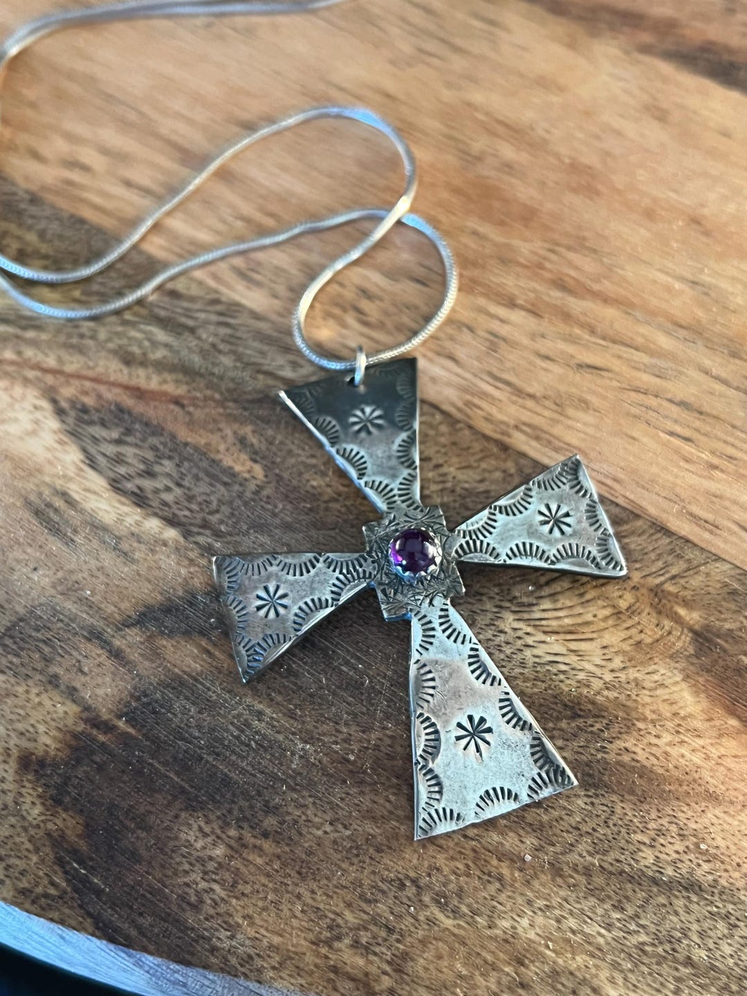 Vintage Sterling Silver Cross Pendant Necklace Purple Glass Cabochon - Etsy