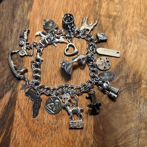 May include: A silver-toned metal charm bracelet featuring various dangling charms including a Florida map, a cherub, a goat labeled Capri, a train, a sand dollar, a heart, and a rectangular tag with the text YOU MORE engraved on the surface.