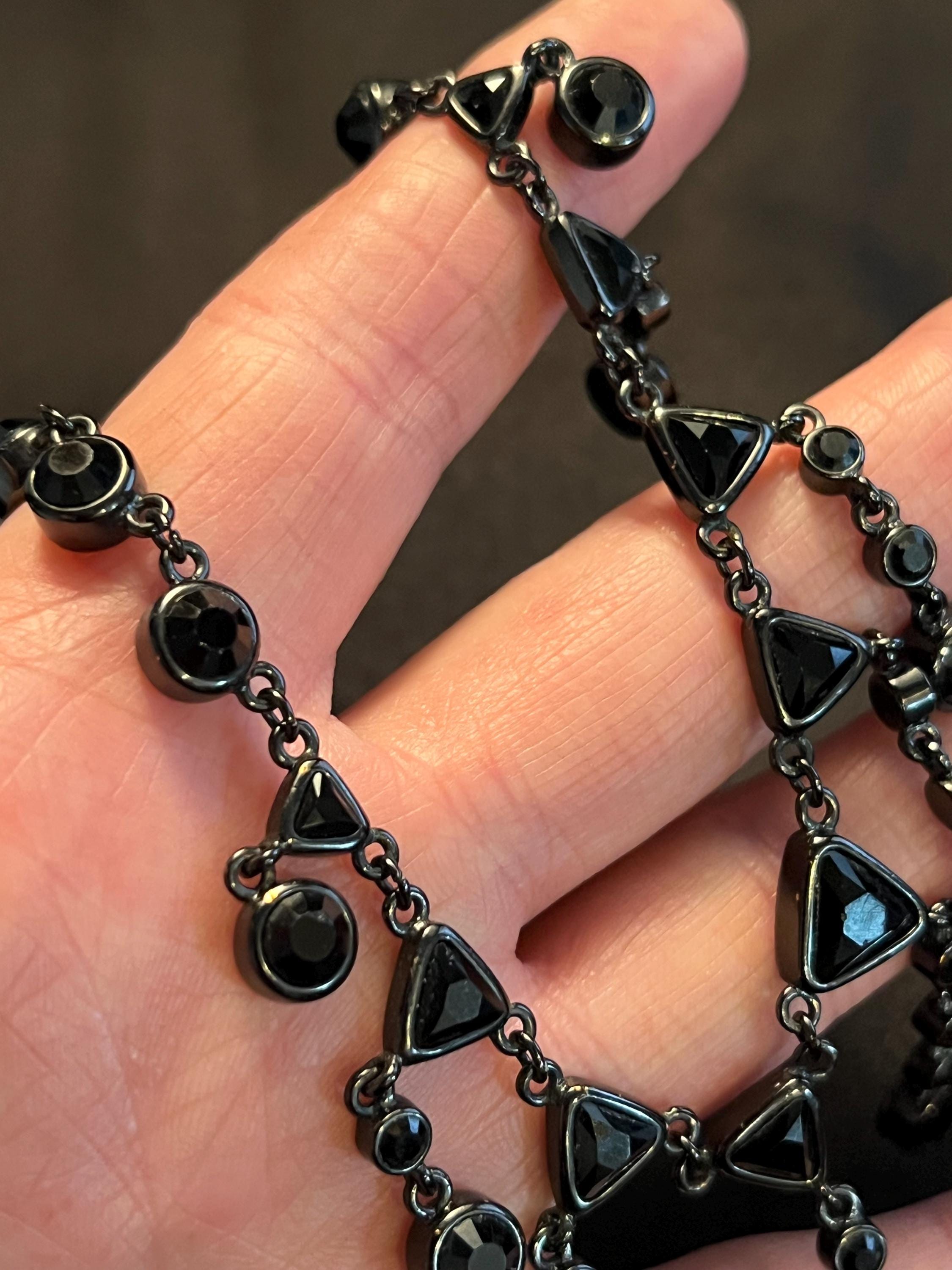 Signed Monet Black Rhinestone Fringe Necklace | Mid-century