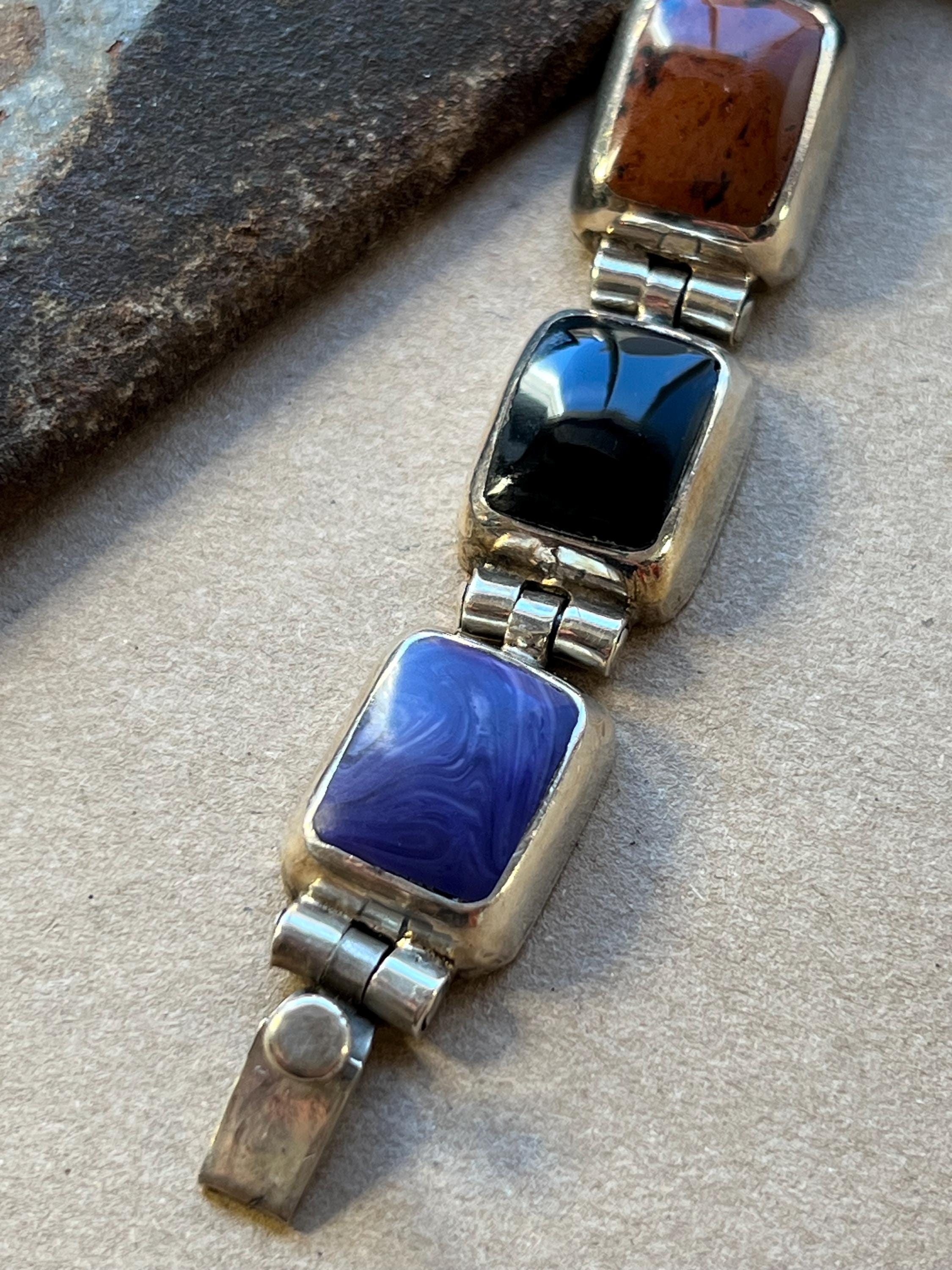 Sterling Silver Mexican Multi-stone Panel Bracelet – 8” – 50.1g