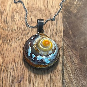 May include: A pendant necklace featuring a polished, spiral-shaped operculum shell with a vibrant orange center, surrounded by swirling patterns of brown, white, and iridescent blue tones, suspended from a thin, dark metallic chain.