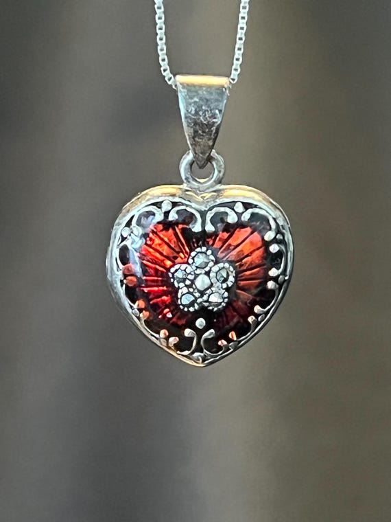 Sterling Marcasite Heart Locket Necklace | Victorian Revival