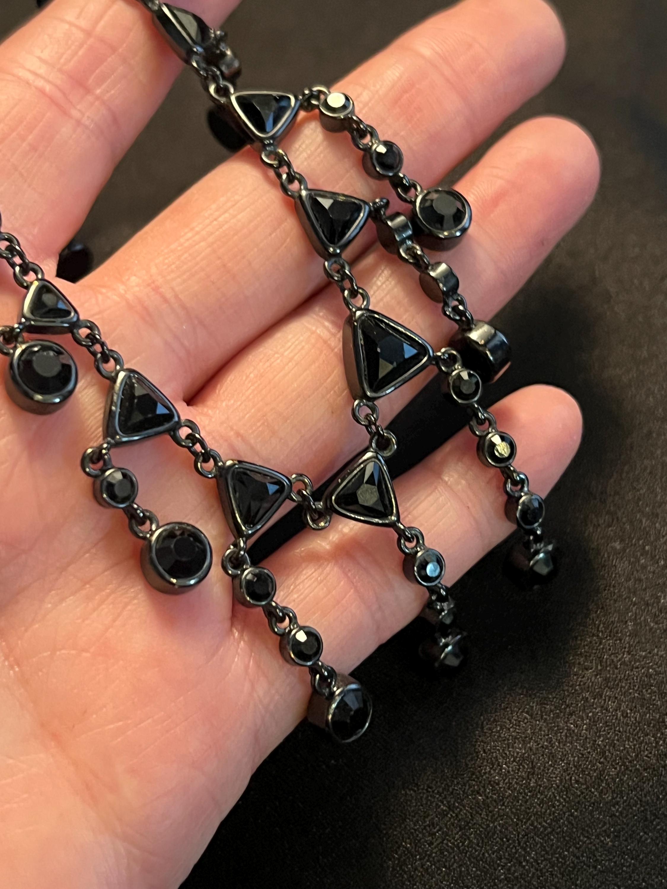 Signed Monet Black Rhinestone Fringe Necklace | Mid-century