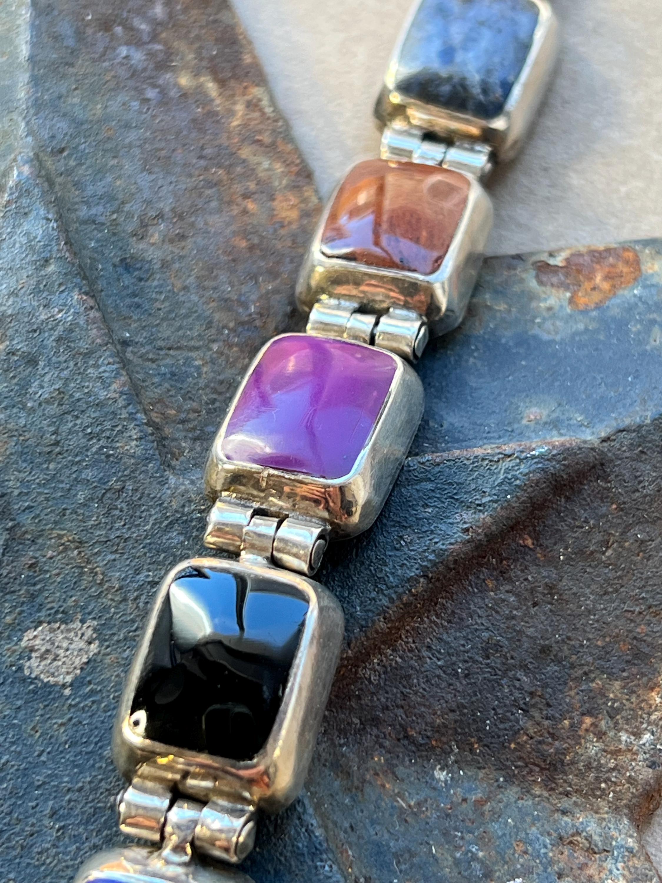 Sterling Silver Mexican Multi-stone Panel Bracelet – 8” – 50.1g