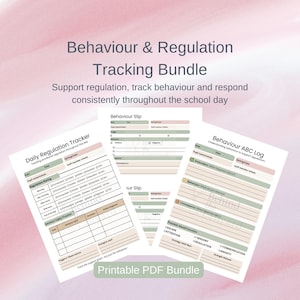 May include: A collection of printable PDF documents designed for tracking behaviour and regulation. The bundle includes a daily regulation tracker, behaviour slip, and behaviour ABC log. The text on the documents includes "Behaviour & Regulation Tracking Bundle" and "Printable PDF Bundle."