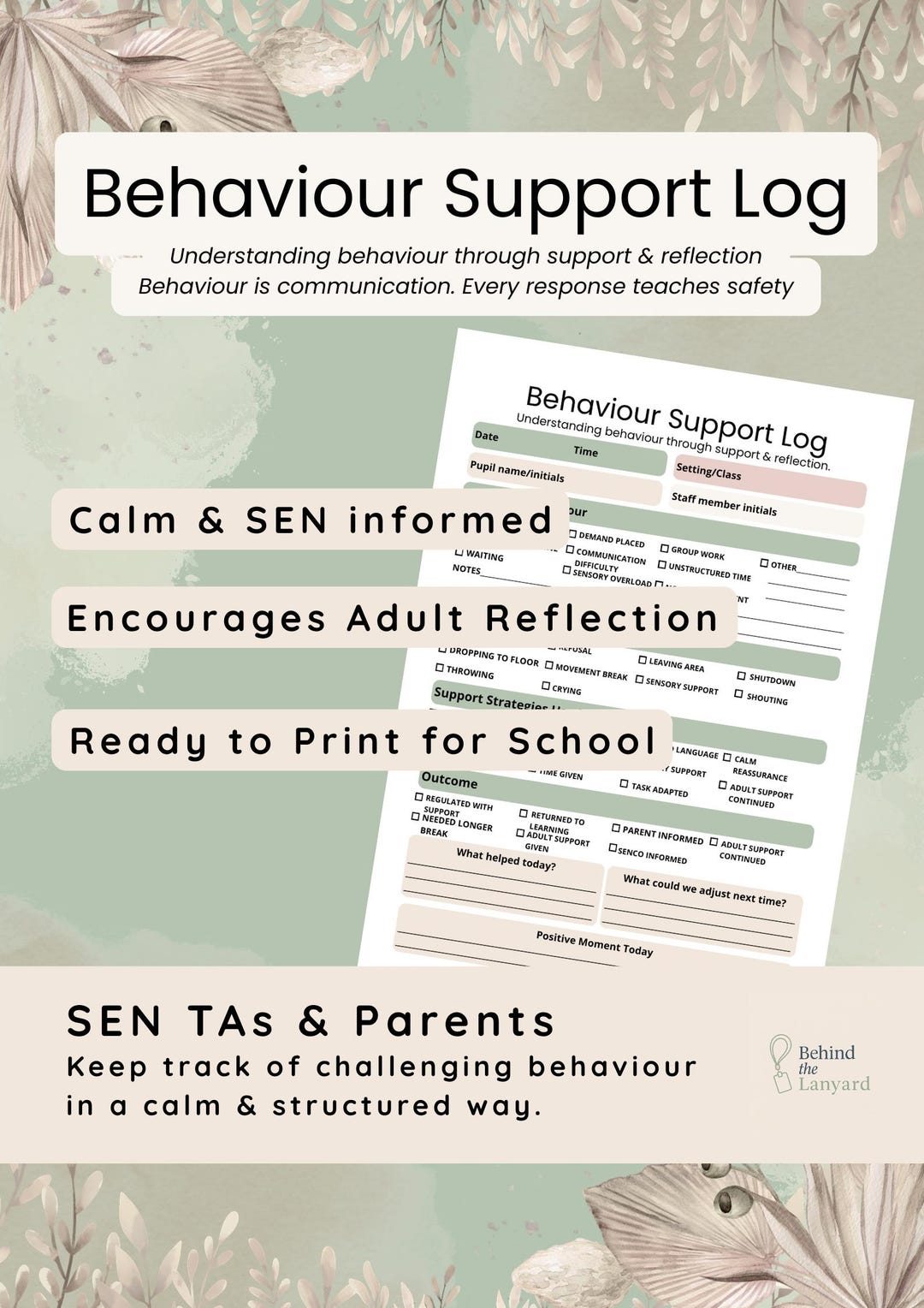 Support Log Behaviour Support Log | SEN Teaching Assistant Tracking Sheet (digital ...