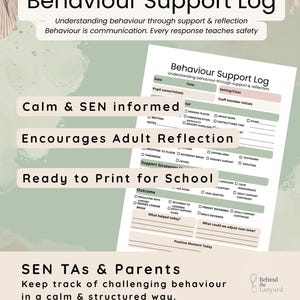 Behaviour Support Log | SEN Teaching Assistant Tracking Sheet (Digital Print)