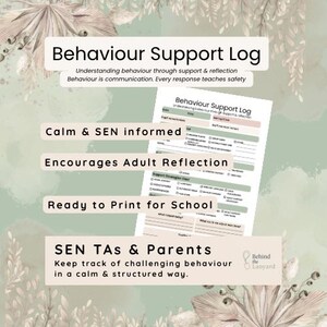 May include: A printable Behaviour Support Log document featuring sections for date, time, setting, pupil notes, and staff member names. The form includes checkboxes for behaviour types and support strategies used, with space for reflection on what helped today.