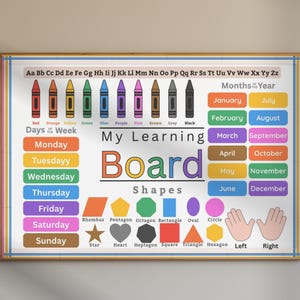 May include: A framed educational poster titled My Learning Board featuring the alphabet, months of the year, days of the week, and various shapes. The design includes colourful crayons, labelled shapes, and two hand illustrations labelled Left and Right.