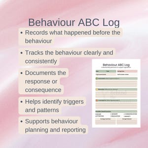 May include: A Behaviour ABC Log document featuring sections for date, time, setting, pupil name, and staff initials. It includes fields for Antecedent, Behaviour, and Consequence, plus checkboxes for Escape, Sensory, Communication, Attention, Regulation, and Anxiety.