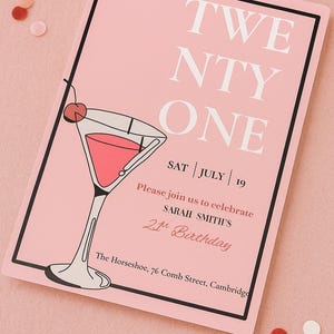 21st Birthday Invitation Editable | Pink Cocktail Party Invite | Digital Download | Canva Template | Instant Birthday Invite for Her