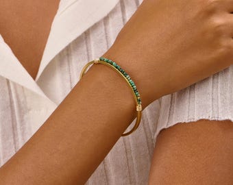 Adjustable Bracelet Cuff – Handmade Turquoise Gemstone Bracelet for Women – 18k Gold Plated Steel Bangle – Dainty Adjustable Gift for Her