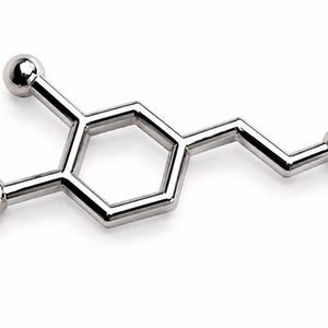 May include: A polished silver-toned metal ornament shaped like a chemical molecular structure. The design features a central hexagonal ring connected to two straight arms ending in spheres, and a zigzagging side chain terminating in a sphere.