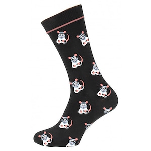 May include: Black socks with a repeating pattern of white mice wearing scuba masks and pink flippers.