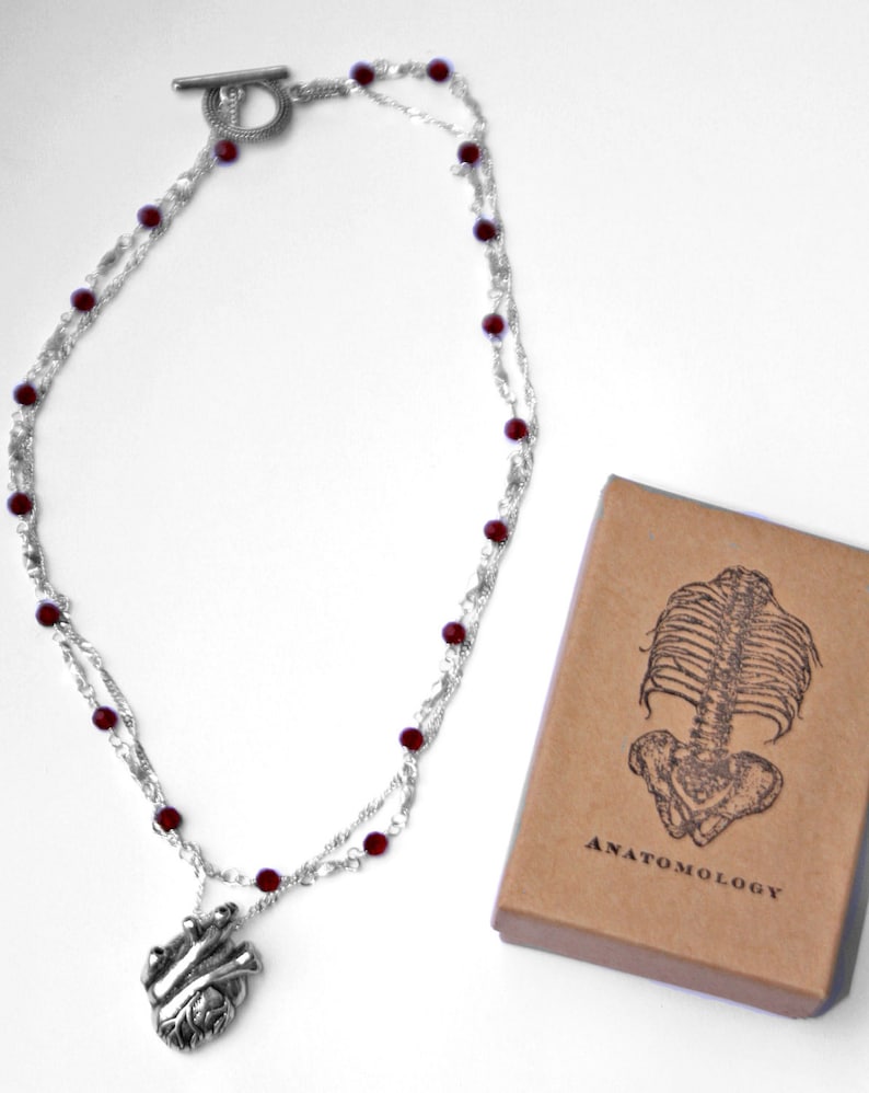 Anatomical Heart Necklace with Garnet Crystal chain image 4