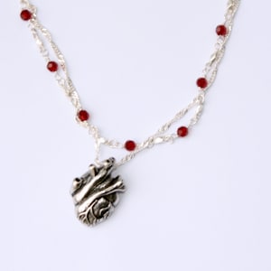 Anatomical Heart Necklace with Garnet Crystal chain