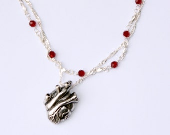 Anatomical Heart Necklace with Garnet Crystal chain