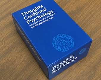 May include: A rectangular blue game box with white text that reads Thoughts Confound Psychology. A horrible knock off of the original game for psychology people. A blue line art illustration of a human brain is centered on the top surface.
