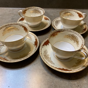 Noritake 4986 Glenwood Set mit 4 Mokkatassen mit Untertassen - Feines Porzellan, Goldzierleisten, Japan