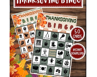 May include: Thanksgiving Bingo game cards with a festive design. The cards feature Thanksgiving-themed images and text, including pumpkins, turkeys, and fall leaves. The set includes 50 cards and is available for instant download.