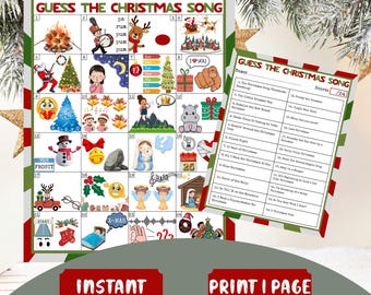 Może przedstawiać: Gra planszowa o tematyce bożonarodzeniowej z napisem "GUESS THE CHRISTMAS SONG" i ilustracjami przedstawiającymi kolędy. Zawiera pasujący arkusz odpowiedzi. Gra ma czerwono-zieloną obwódkę i słowa "NATYCHMIASTOWE POBIERANIE".