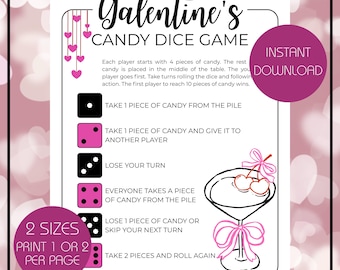 Galentine's Candy Dice Game, Valentine's Party Candy Dice Printable Game, Group Game for Galentine's, Fun Party Games, Kids, Teen, Family