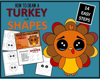 Può includere: Uno sfondo verde acqua con la scritta "HOW TO DRAW A TURKEY with SHAPES". L'immagine include un tacchino dei cartoni animati, istruzioni per il disegno e la frase "14 EASY STEPS". Ci sono anche diversi modelli di disegno di tacchino in bianco e nero.