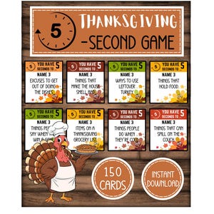 May include: Thanksgiving-themed game with a cartoon turkey wearing a chef's hat. The game includes cards with prompts like "Excuses to get out of doing the dishes." The game is advertised as having 150 cards and an instant download option.