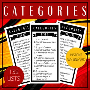 May include: A digital download graphic featuring the word "CATEGORIES". Three lists with numbered prompts for a game are displayed. A yellow circle with "INSTANT DOWNLOAD" is visible. The image is set against a red and black background.