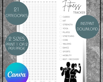 May include: A black and white fitness tracker printable with the text "Fitness Tracker" and "Instant Download". The tracker includes 21 categories, 2 sizes, and the option to print 1 or 2 per page. The Canva logo is visible.