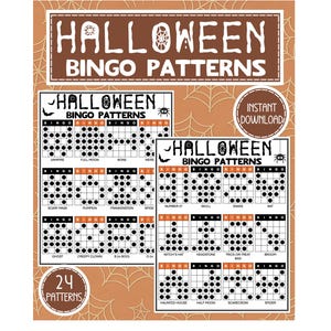 May include: Halloween Bingo Patterns printable game with 24 patterns. The design features bingo cards with Halloween-themed images and words like "Vampire", "Pumpkin", and "Ghost". The background is a brown color with spiderwebs.