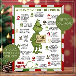 May include: A Who Is Most Like The Grinch game sheet with a green Grinch character holding a sign that says UGH. December. The white paper features red and green striped borders, text-based holiday questions with point values, and a total points circle.