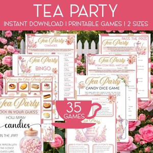 May include: A collection of printable tea party games with floral and teapot illustrations. The games include charades, bingo, and a candy dice game. The text on the image reads "Tea Party" and "Instant Download | Printable Games | 2 Sizes".