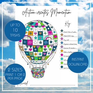 May include: A vibrant hot air balloon illustration with the text "Action creates Momentum." The design includes a key with tasks like drinking water and exercising. The image also states "Up to 10 Tasks" and "Instant Download."
