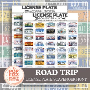May include: A white paper license plate scavenger hunt game sheet featuring a grid of various US state license plates with checkboxes for tracking. The header reads LICENSE PLATE SCAVENGER HUNT and the footer includes the text POP FIZZ PARTY PRINTS.